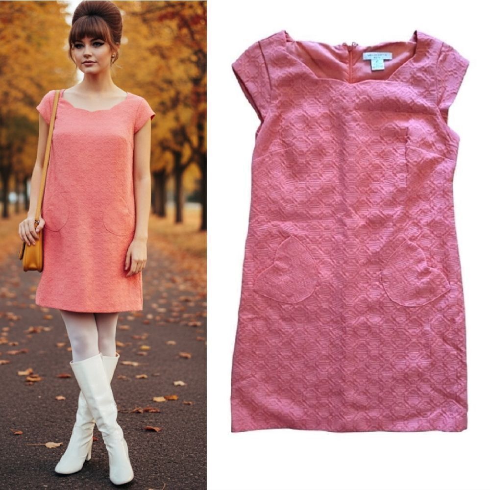 VTG Liz Claiborne Coral Pink Sleeveless Textured Mini Shift Dress Size‎ 4 Petite
